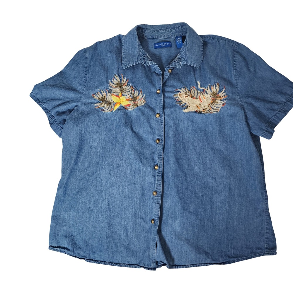 Karen Scott Sport Womens XL Blue Denim Short Sleeve Embroidered Button Up Shirt